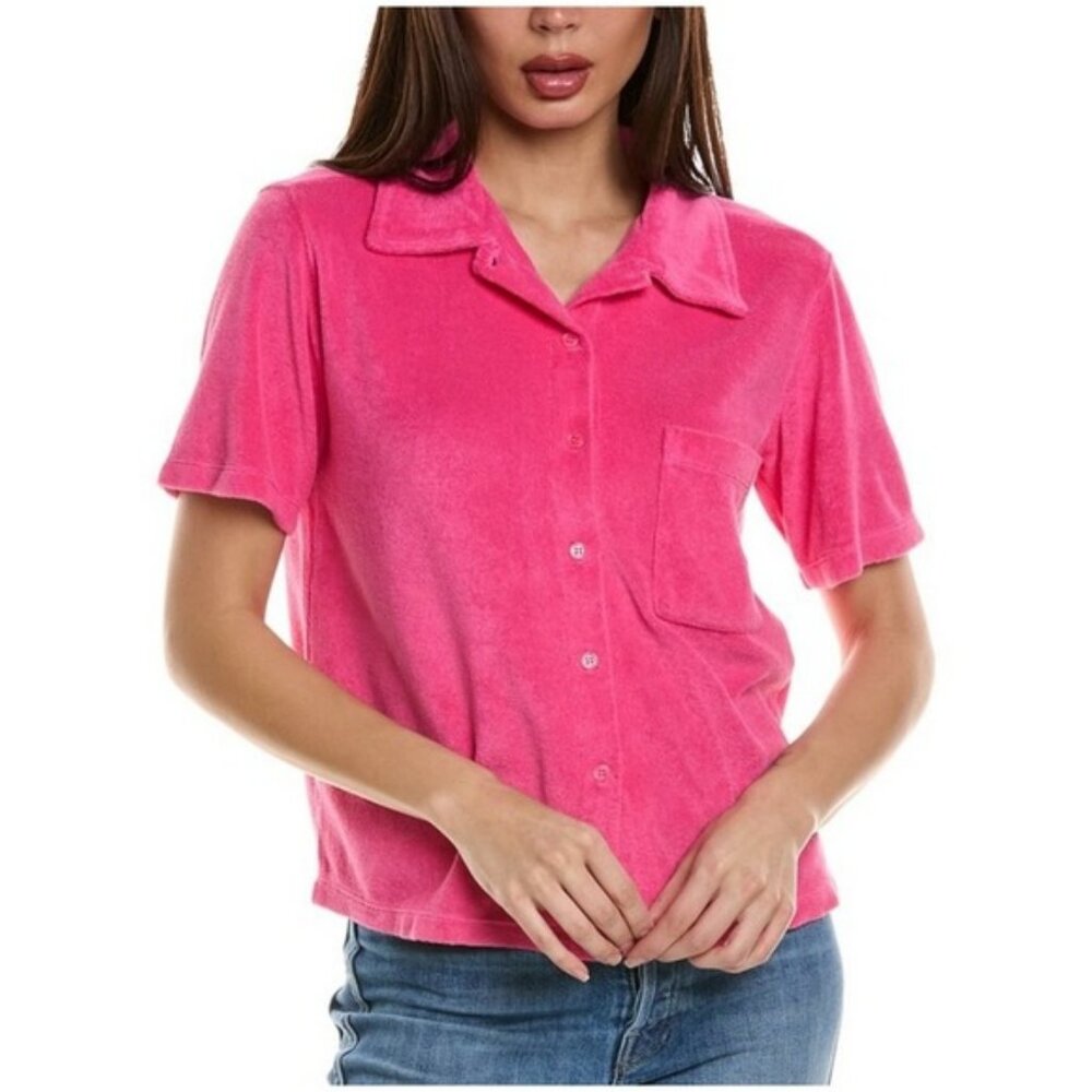 MONROW XS Azalea Pink Terry Cloth‎ Short Sleeve Button Up Pocket Shirt